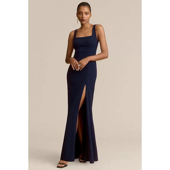 BHLDN Navy Blue Ashlynn Wedding Guest Side Slit Crepe Formal Maxi Gown Dress - Picture 1 of 11